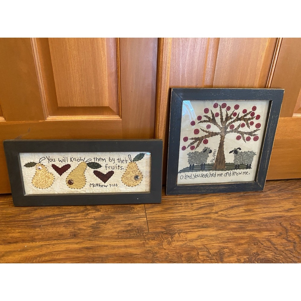 Handmade Framed Folk Art Sheep Fruit Embroidered Primitive Bible Rustic Set